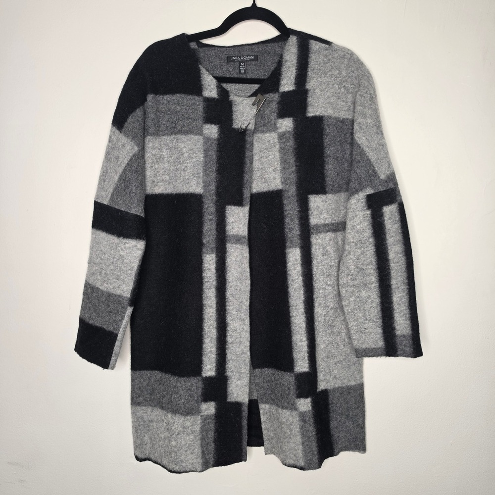 Linea Domani Cardigan Women M Grey Black Colorblock Wool Blend Open Front SY9328